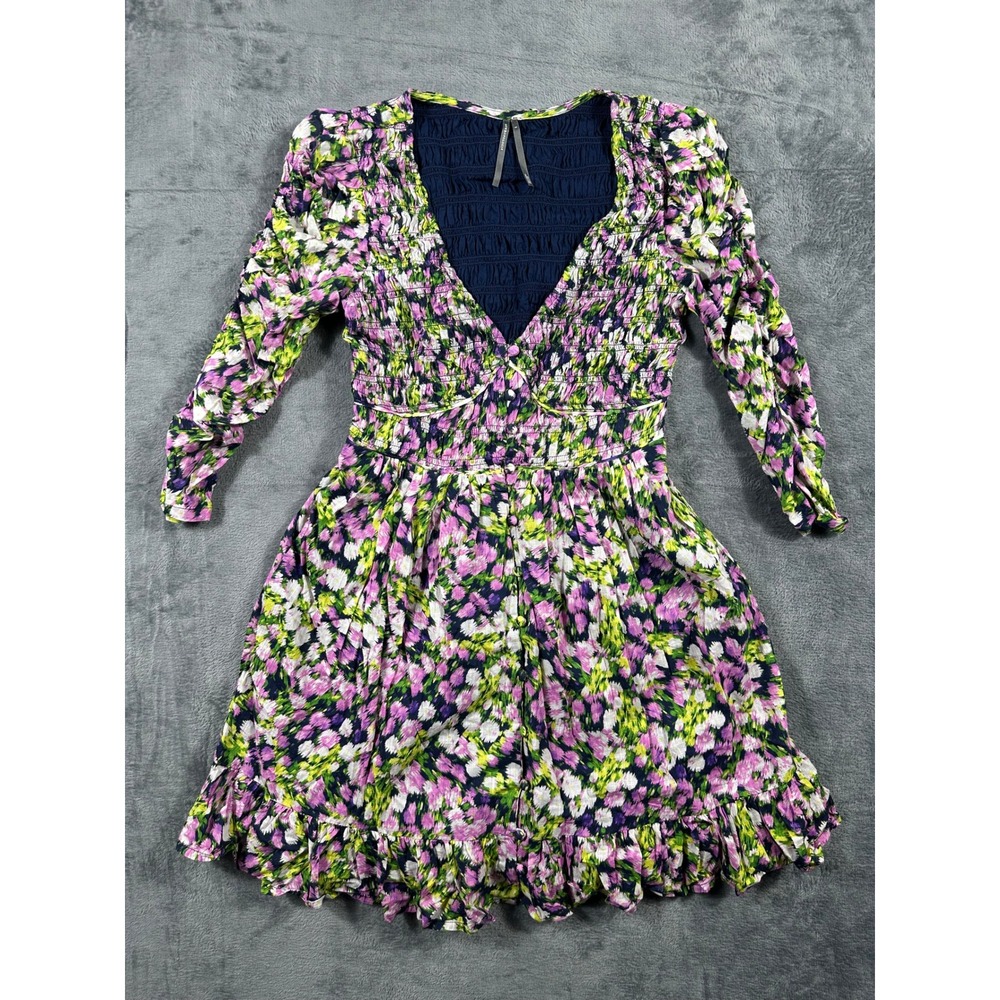 Anthropologie Peregrine Long Sleeve V-Neck Floral Smocked Mini Dress Purple S